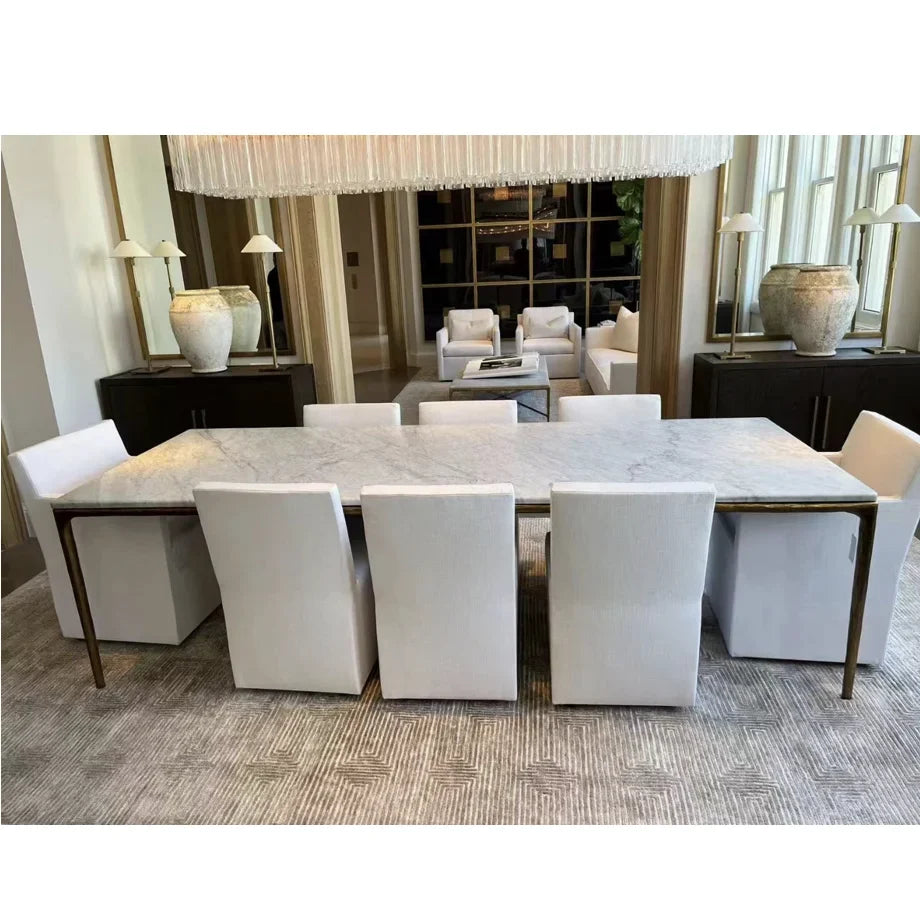 Rectangular Marble Dining Table with Hand Forged Brass Base