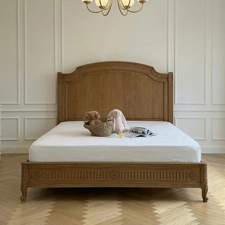French Retro Carved Bed – Antique Birch Solid Wood Statement Piece | 26-31