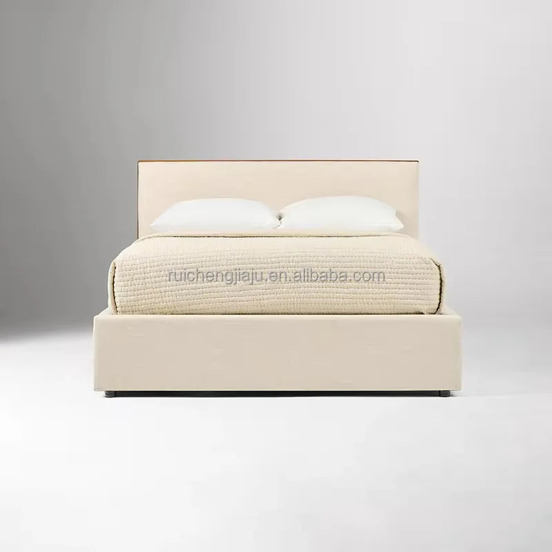 Italian Designer King-Size Bed – Modern Minimalist Upholstered Frame in Cream Fabric