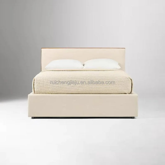 Italian Designer King-Size Bed – Modern Minimalist Upholstered Frame in Cream Fabric