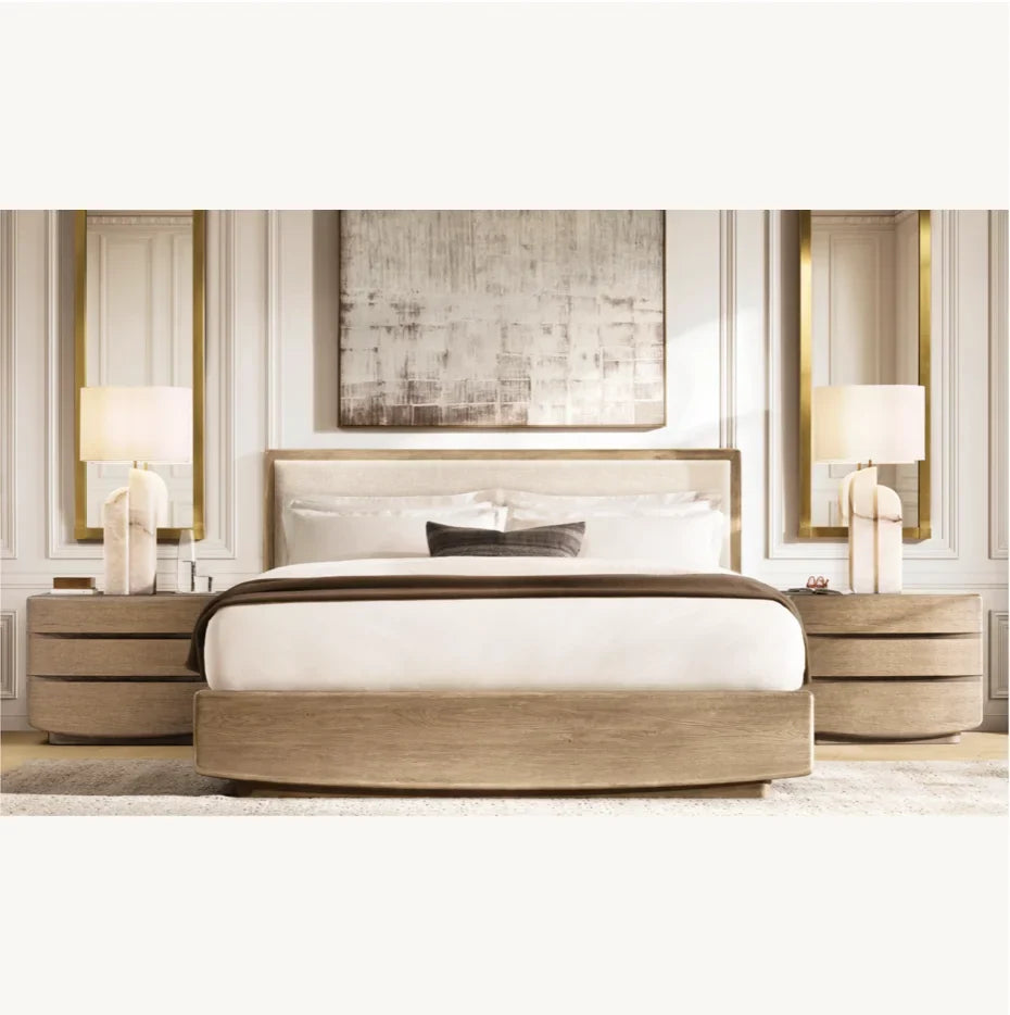 Dalia Fabric Panel Bed – Sculptural American White Oak Platform – Statement Piece