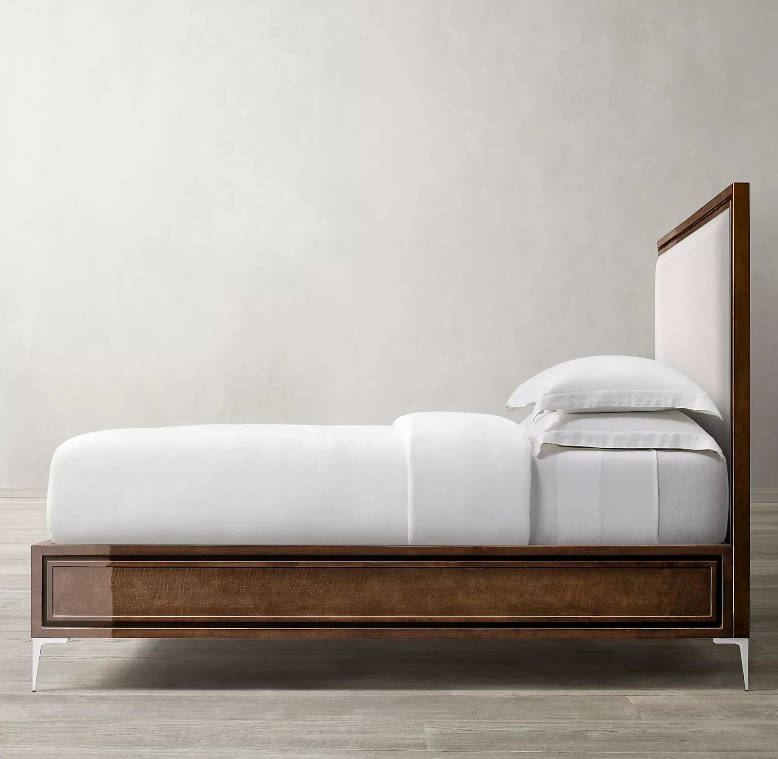 Benoit Upholstered Panel Bed – Lacquered Wood and Polished Stainless Steel