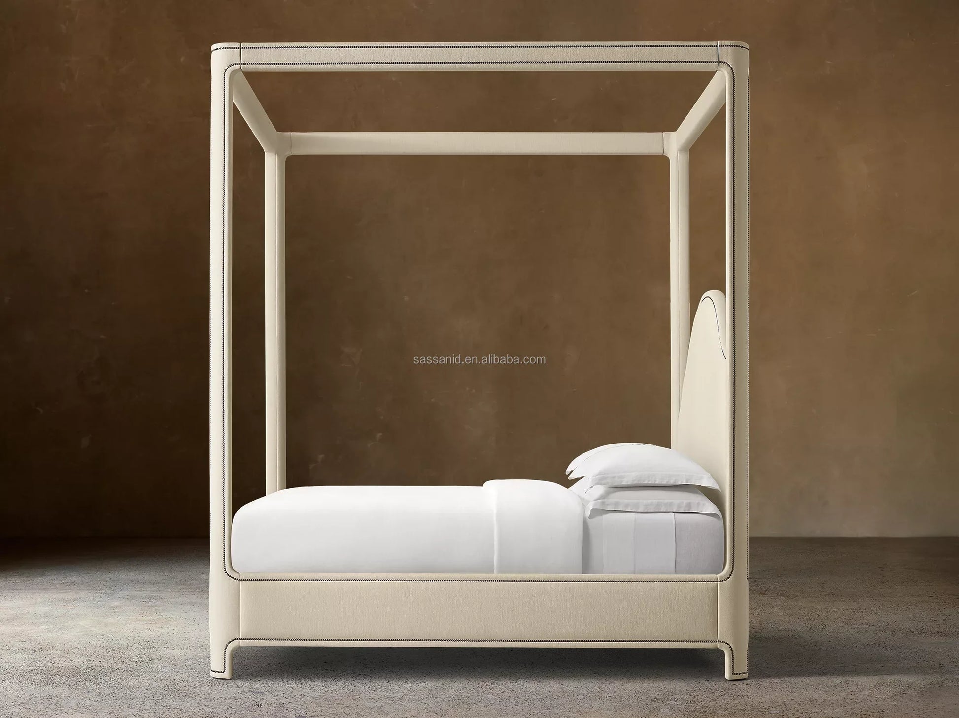 Alexandria Portman Upholstered Canopy Bed – Fabric Frame with Nailhead Detail – Contemporary Bedroom Statement Piece