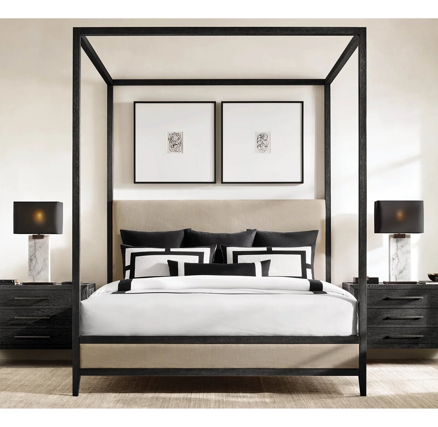 French Contemporary Fabric Panel Canopy Bed – Oak Design Piece | 1600851081158