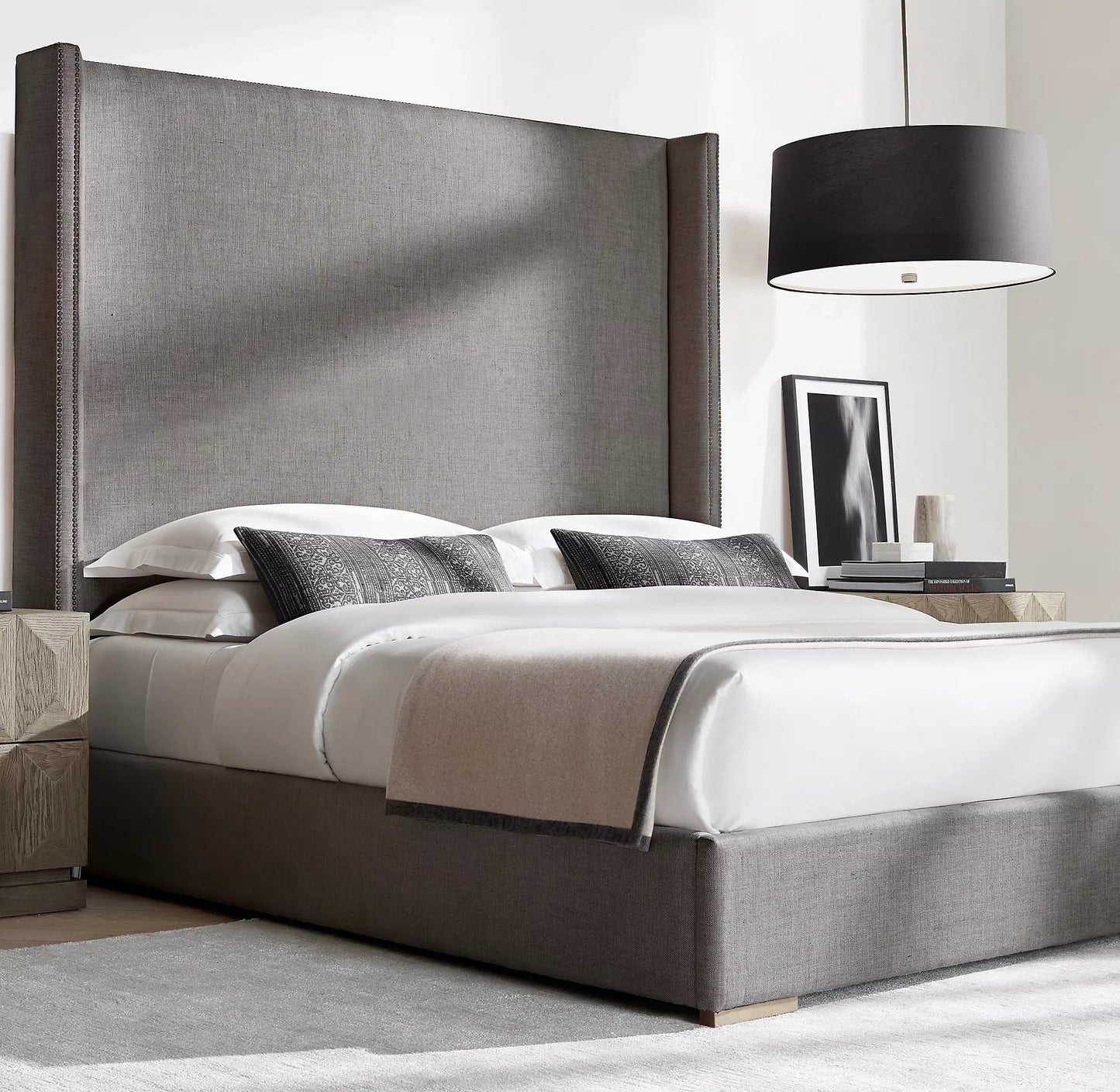 Upholstered Shelter Bed – Wingback Design in Oak Finish – Italian Designer Statement Piece