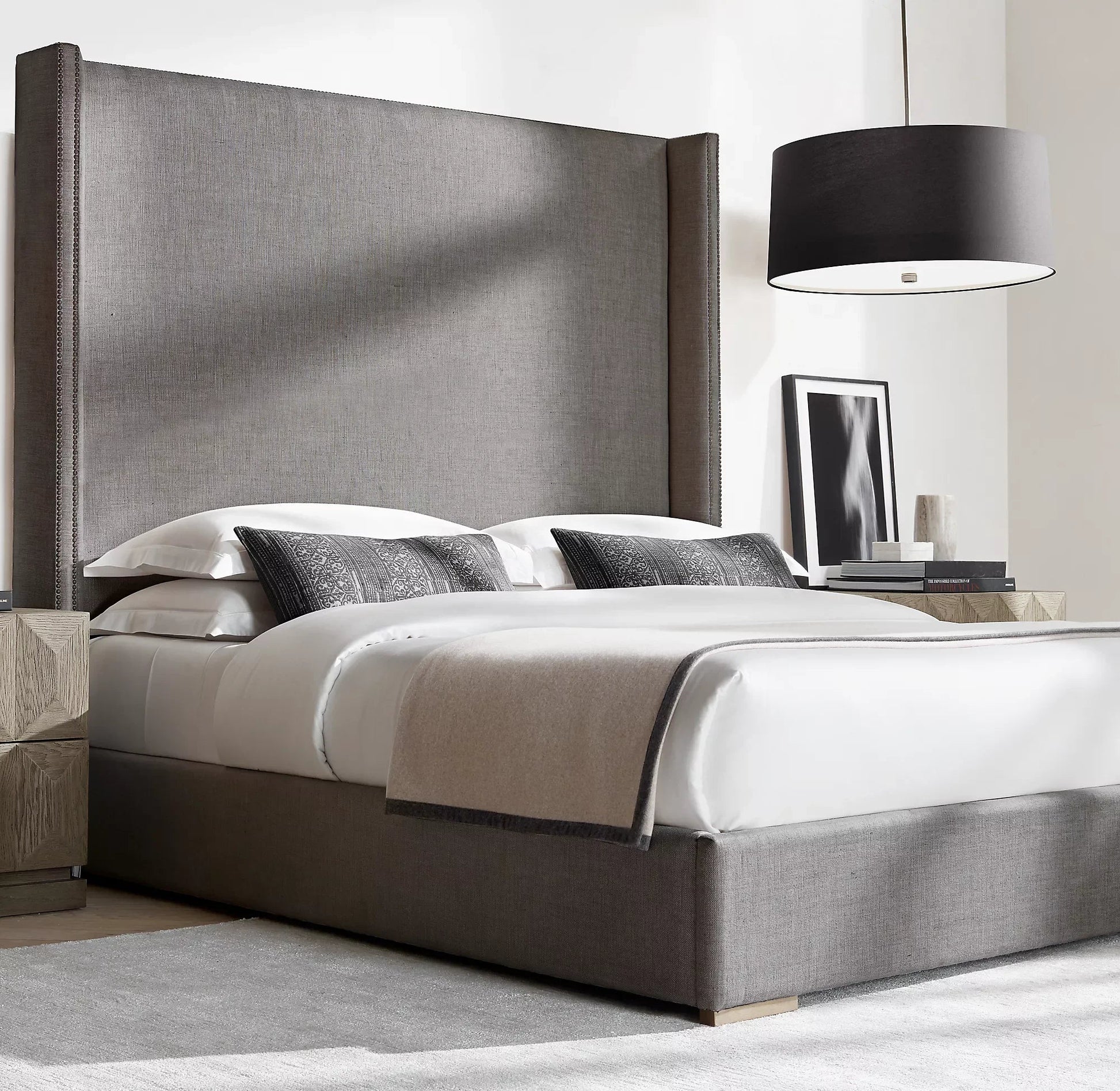 Upholstered Shelter Bed – Wingback Design in Oak Finish – Italian Designer Statement Piece
