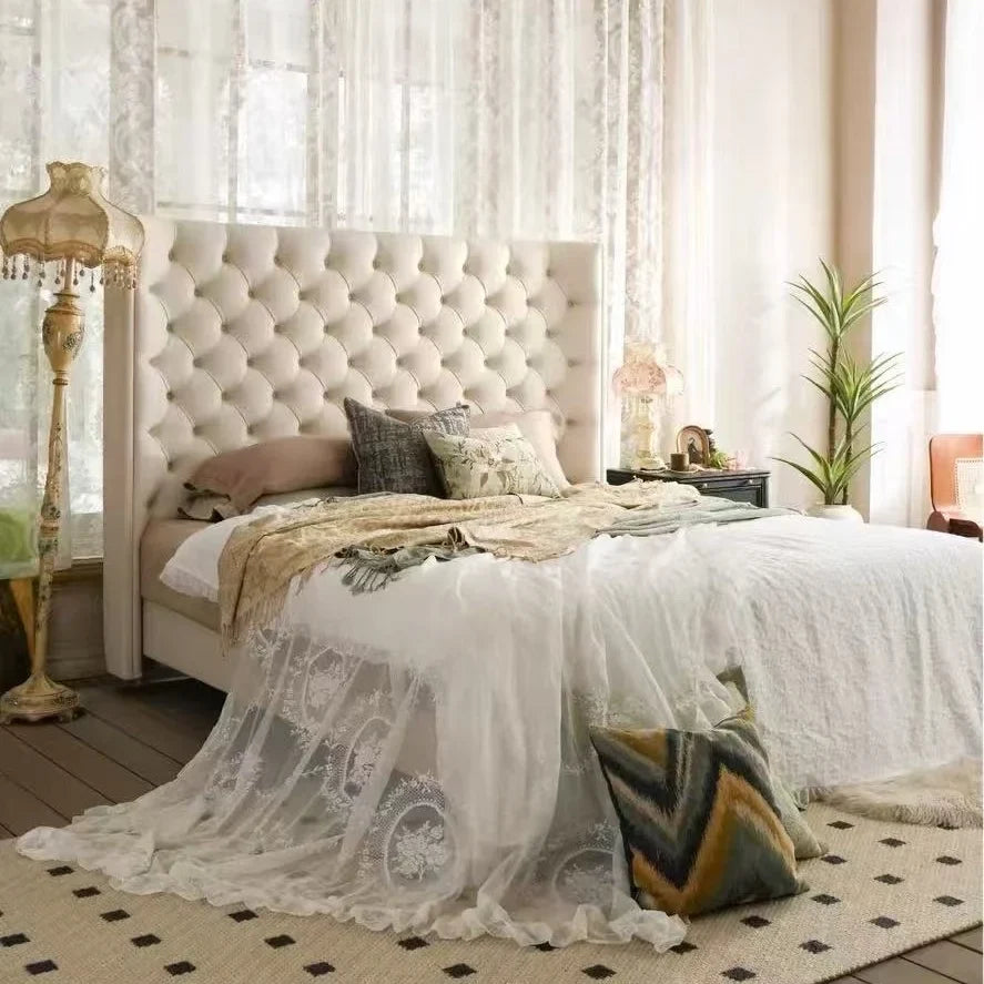 French Style Button Tufted Bed – Elegant PU Leather Master Bedroom Piece