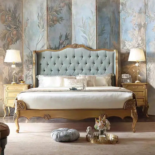 French Provincial Upholstered Bed – Hand-Carved Distressed Gold Solid Wood