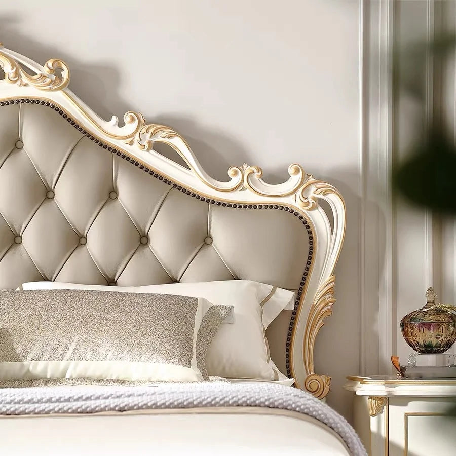 French Provincial Carved Solid Wood Bed – Luxury Gold Statement Piece | 18-1921