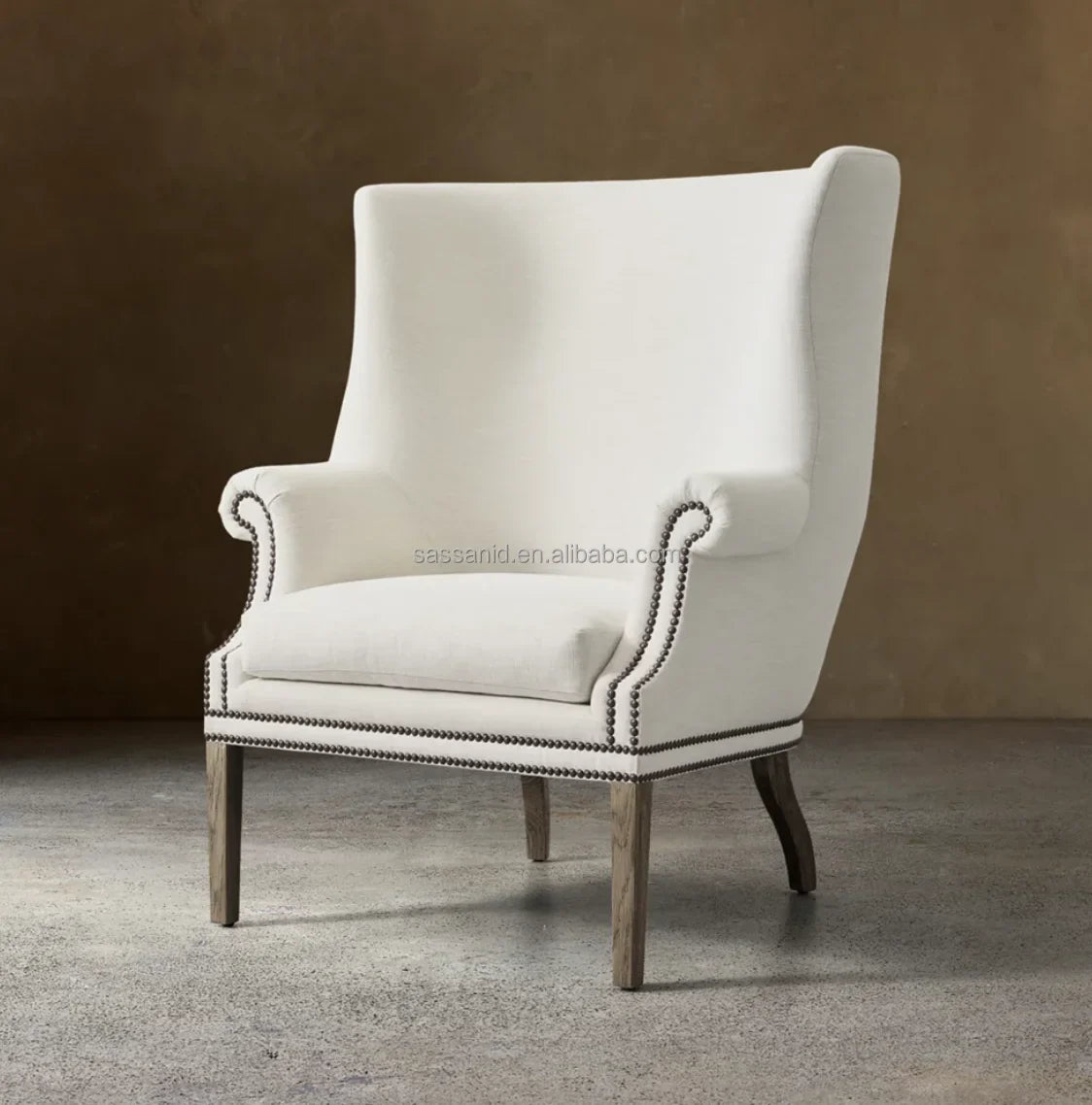 Ellsworth Tufted Wing Chair – Solid Oak Frame with Nailhead Detail – Mid-Century Inspired Statement Piece