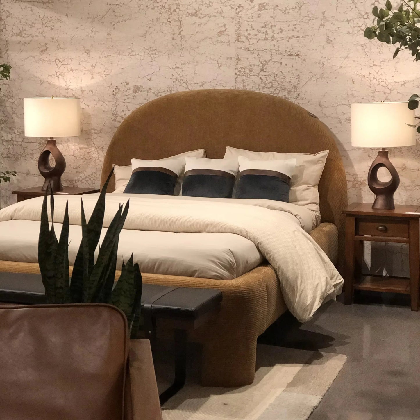 Minimalist Upholstered Bed – Curved Velvet Statement Piece 026