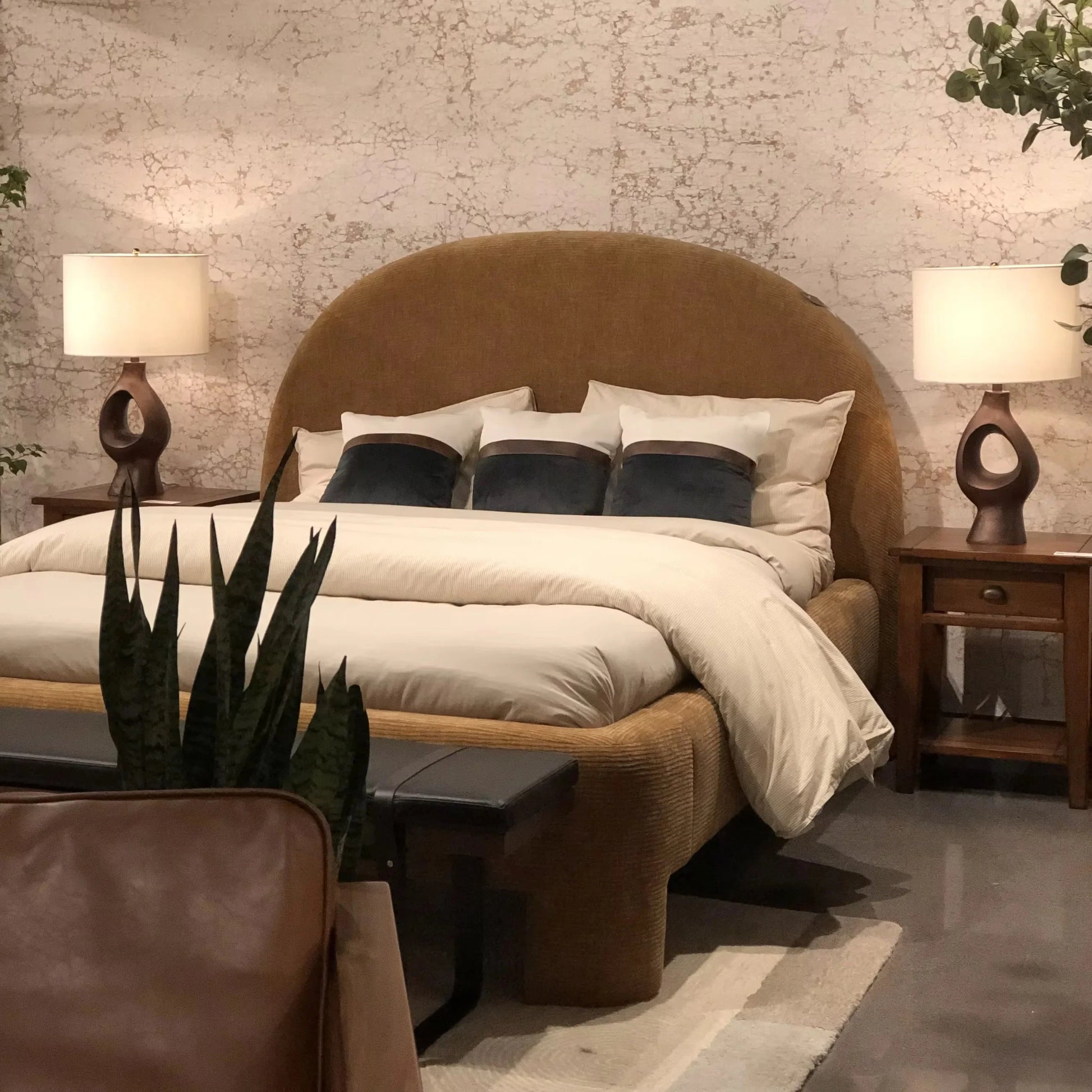 Minimalist Upholstered Bed – Curved Velvet Statement Piece 026