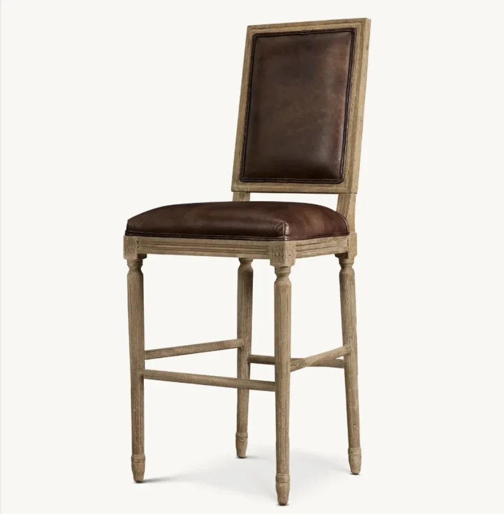 Counter Stool – Square Back Leather & Solid Oak Re Home Vintage French