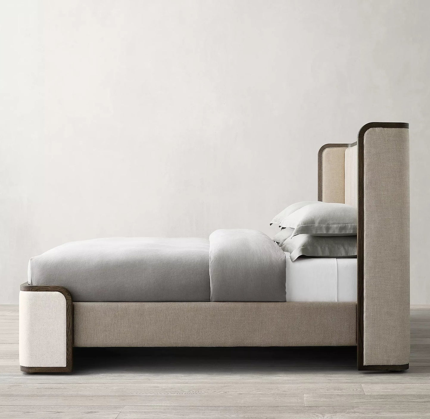 Upholstered Wing Bed – Sculptural Shelter Wings, Oak & Performance Fabric Modern Italian Piece