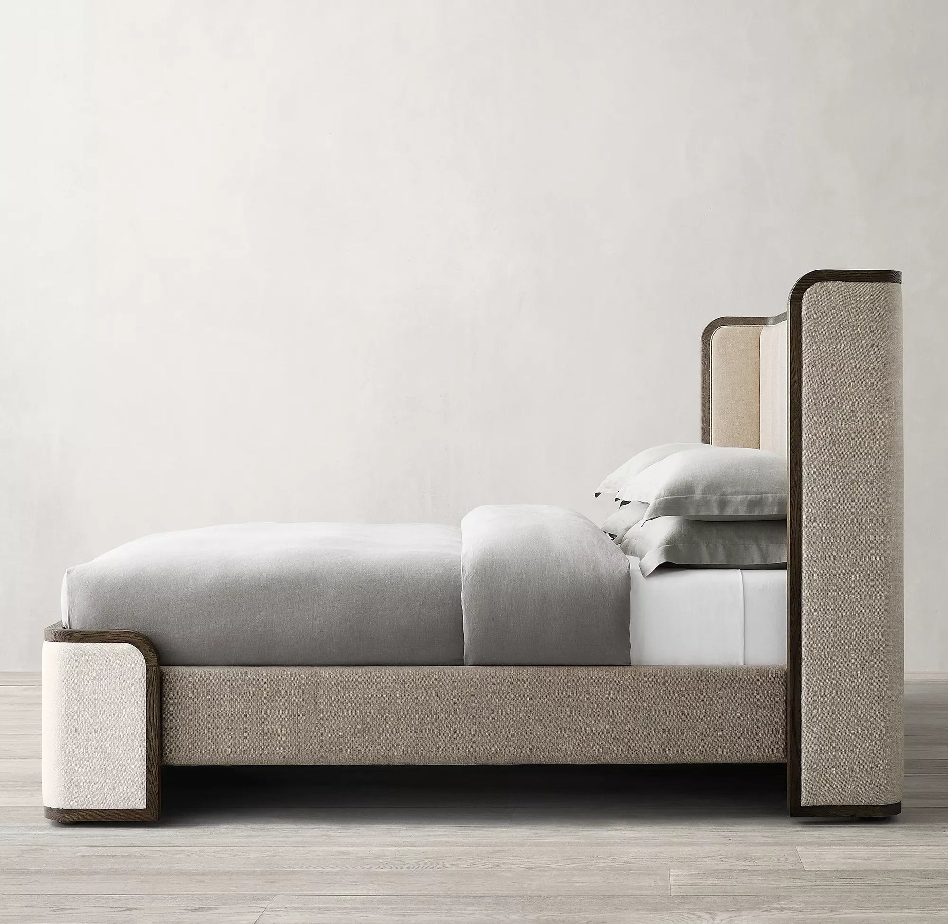 Upholstered Wing Bed – Sculptural Shelter Wings, Oak & Performance Fabric Modern Italian Piece