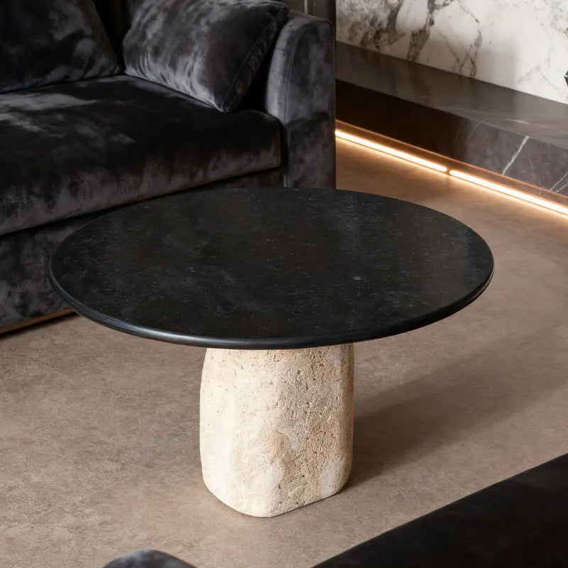 Modern Minimalist Travertine and Marble Coffee Table