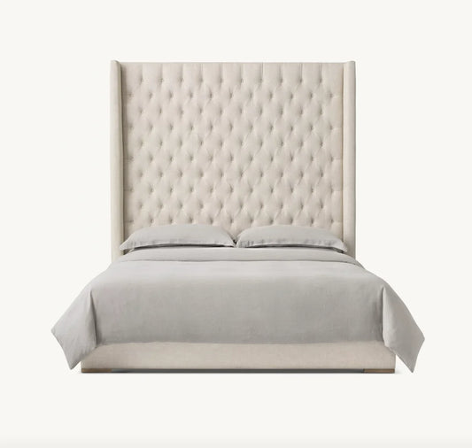 Italian Designer Bed – Midcentury French Style Luxury Bed with Diamond-Tufted Headboard