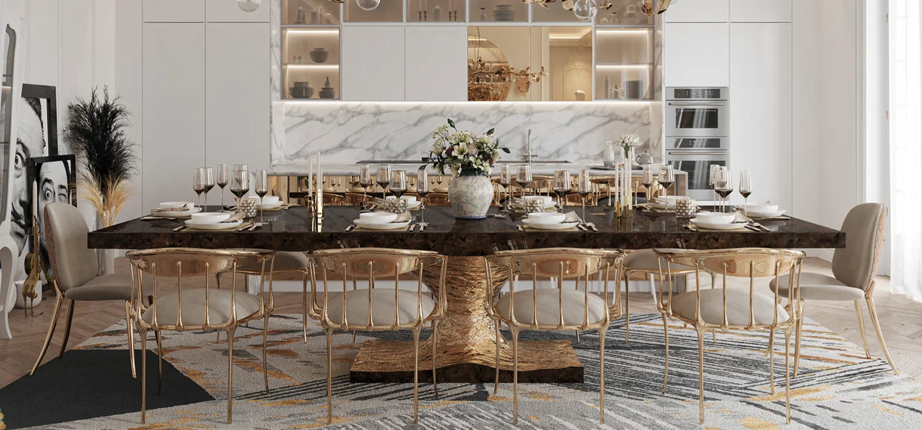 Rectangular Dining Table 130-Inch – Hammered Metal Base Walnut Statement Piece