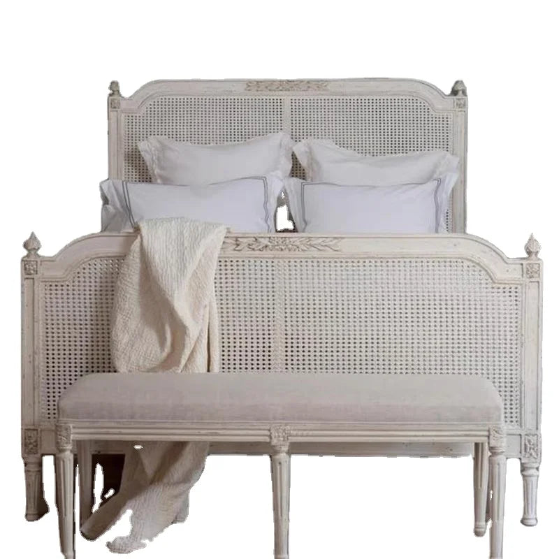 French Antique Carved Bed – Solid Wood Pine and Birch Statement Piece Q-020530