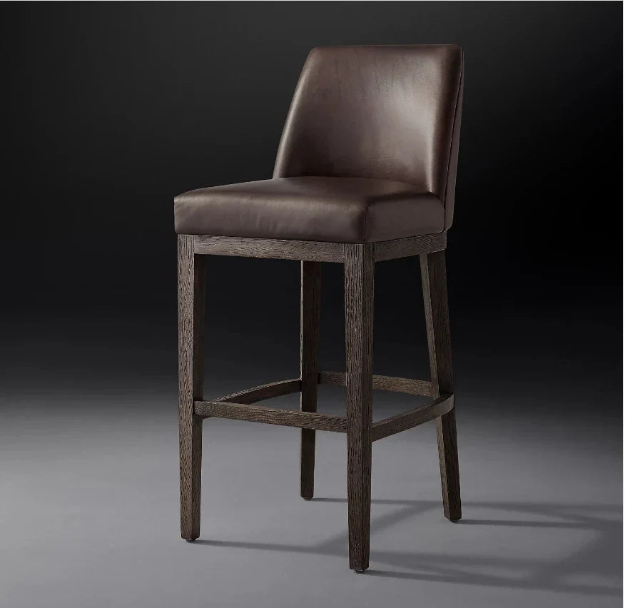 Morgan Curved-Back Leather Bar & Counter Stool – Mid-Century European Oak Statement Piece
