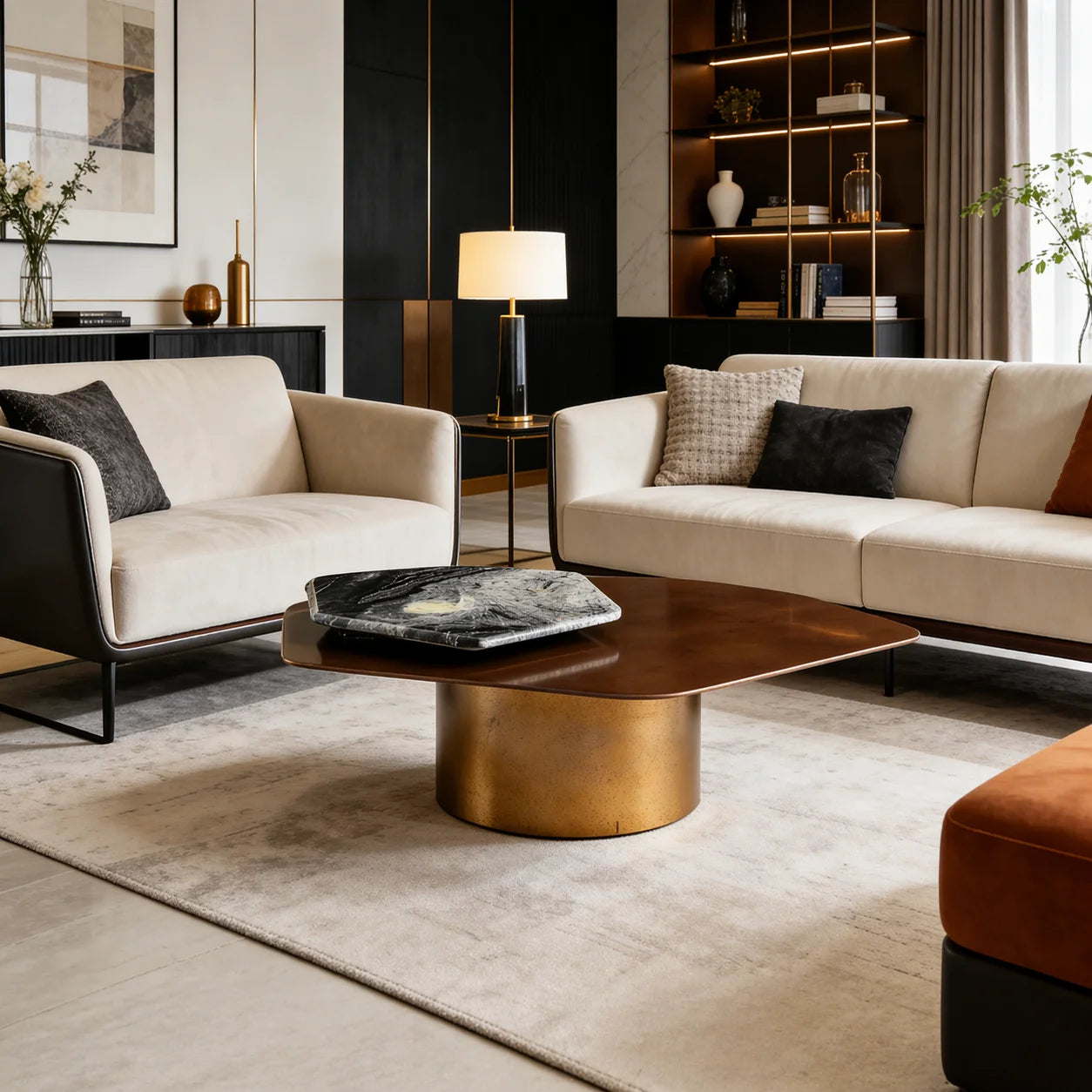 Luxury Stone Wood Top Brass-Toned Steel Coffee Table Modern Minimalist Elegant Space-Saving Italian Style for Villa