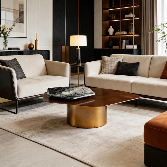 Luxury Stone Wood Top Brass-Toned Steel Coffee Table Modern Minimalist Elegant Space-Saving Italian Style for Villa