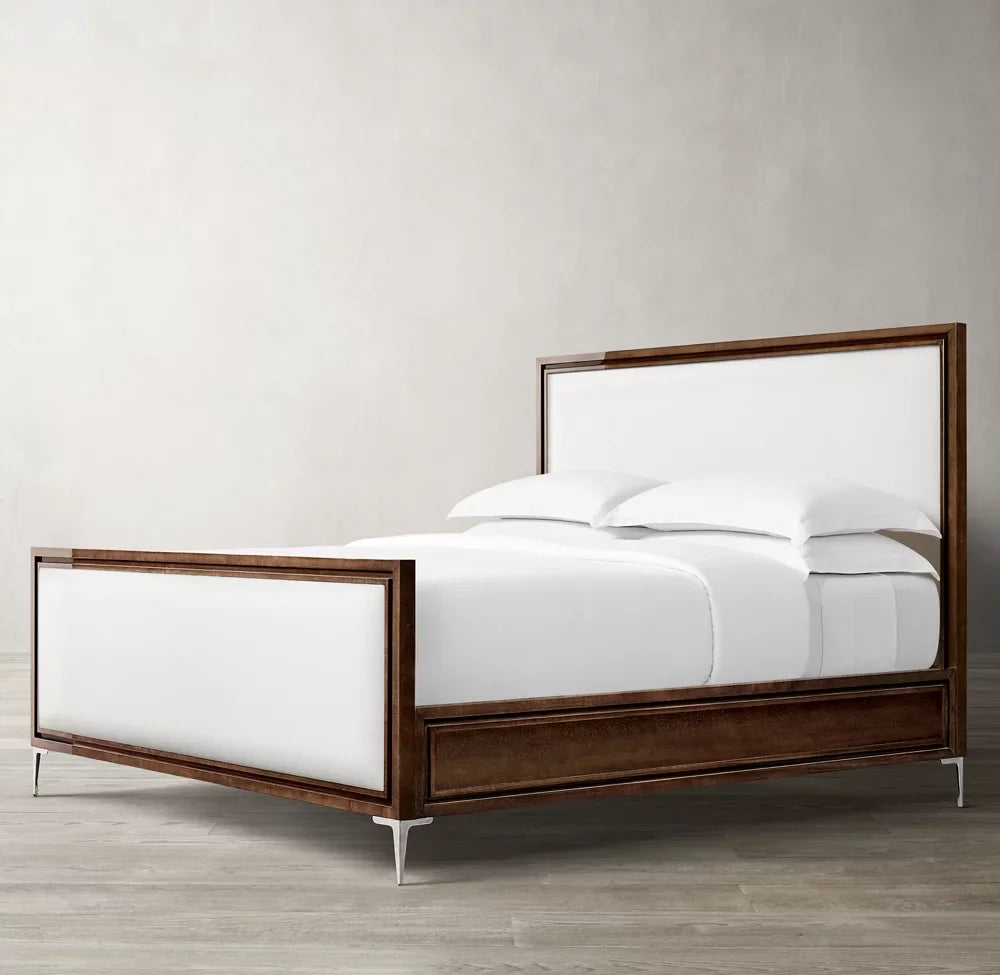 Benoit Fabric Panel Bed – Sculptural Platform in Lacquered Sable & Stainless Steel