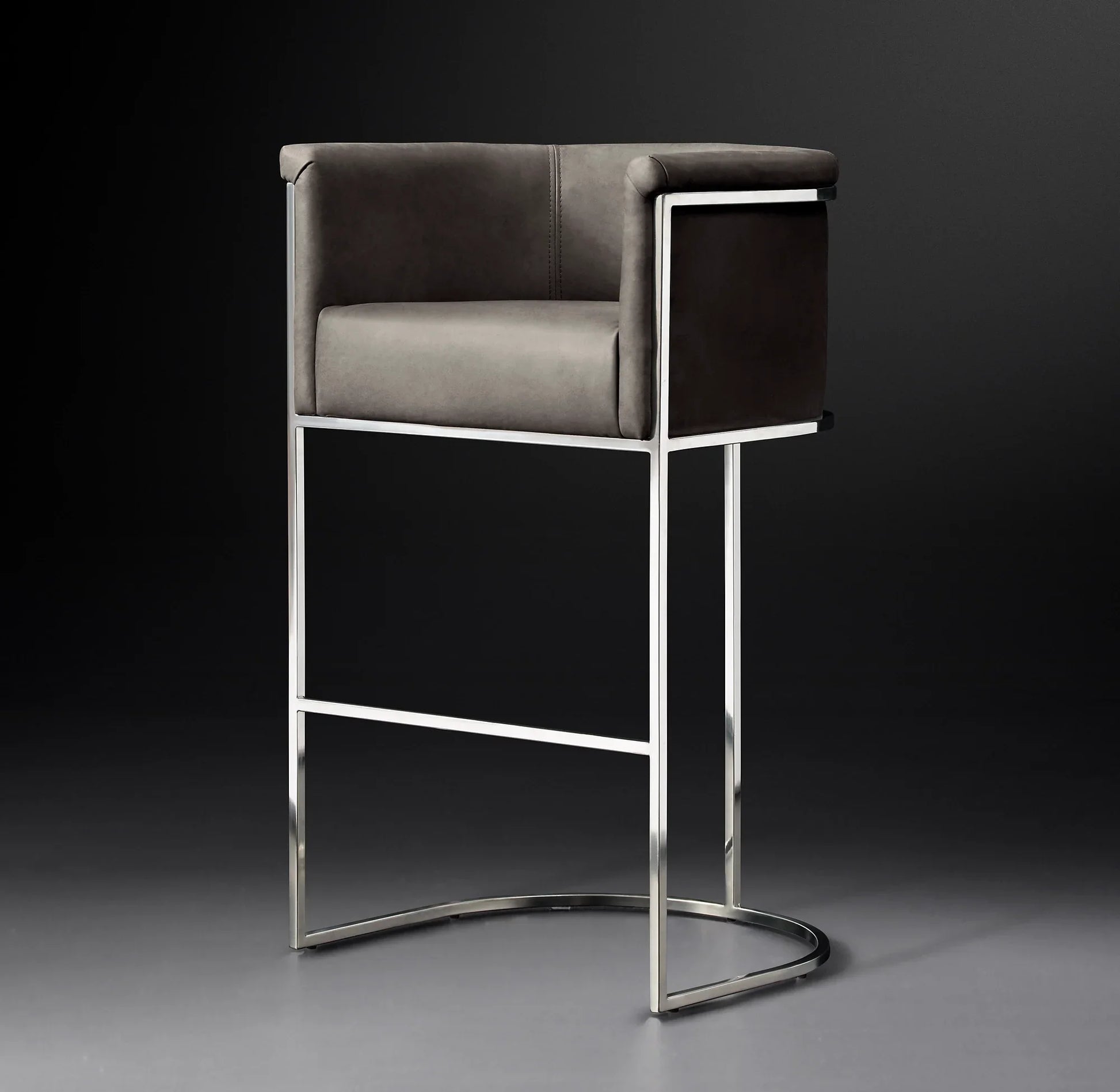 Barrel Back Bar Stool – Polished Stainless Steel & Italian Leather – Contemporary Designer Furniture