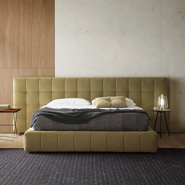 Minimalist Tofu Block Velvet Bed – Dark Khaki Upholstered Platform Frame