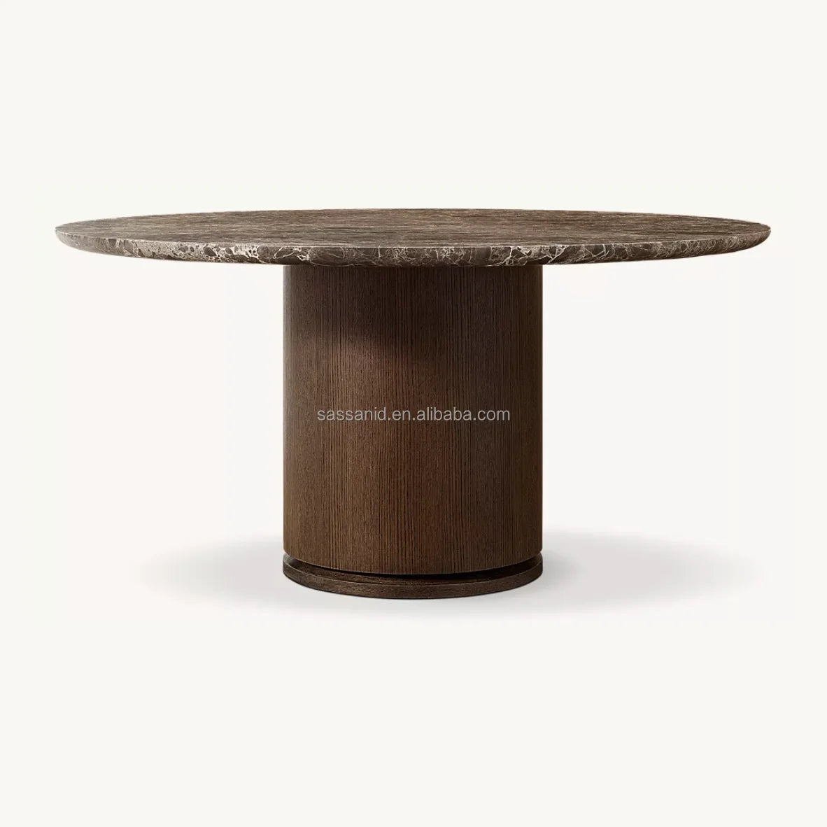 Round Dining Table, Emperador Marble and Brushed Oak – Mid-Century Statement Piece