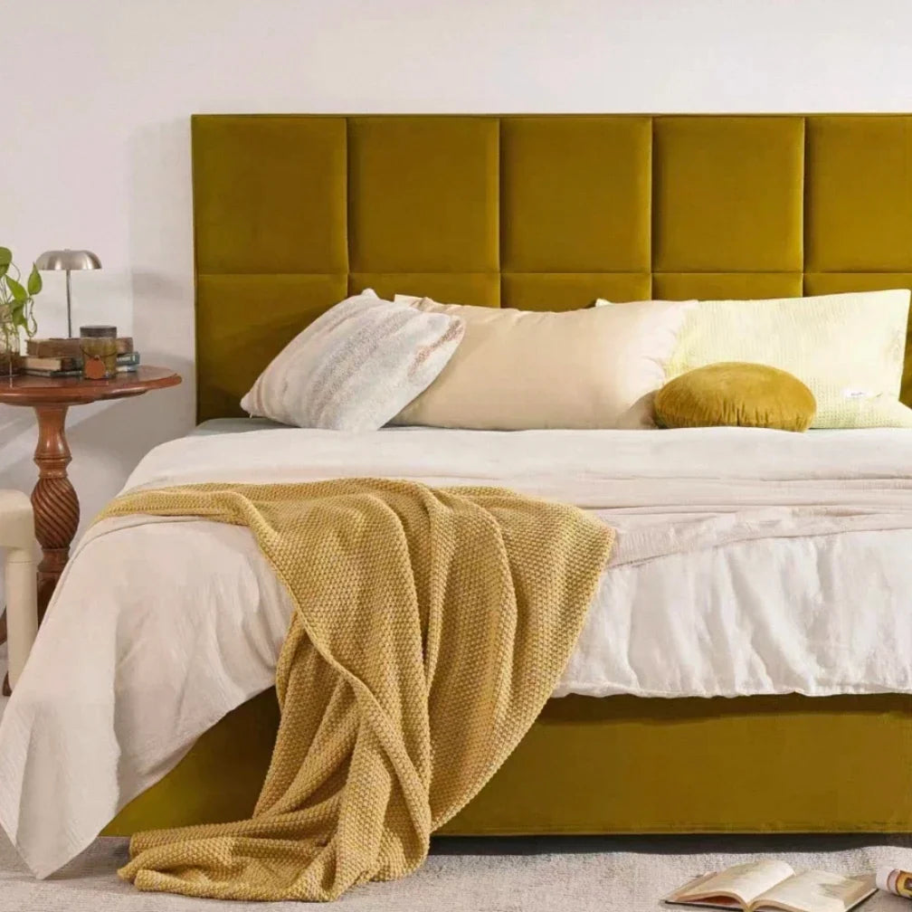 Fennel Upholstered Bed – Zongzi Leaf Green Fabric – Modern Architectural Statement Piece