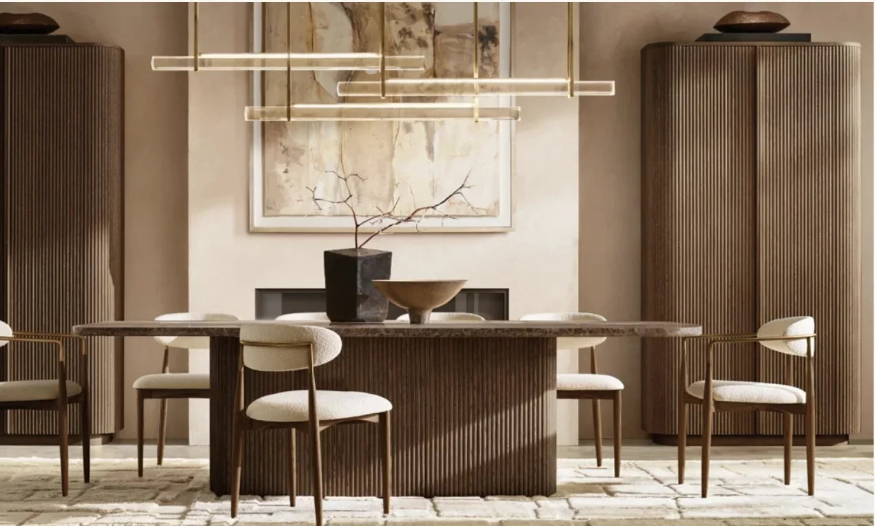 Contemporary Pedestal Dining Table – Spanish Emperador Marble and Oak