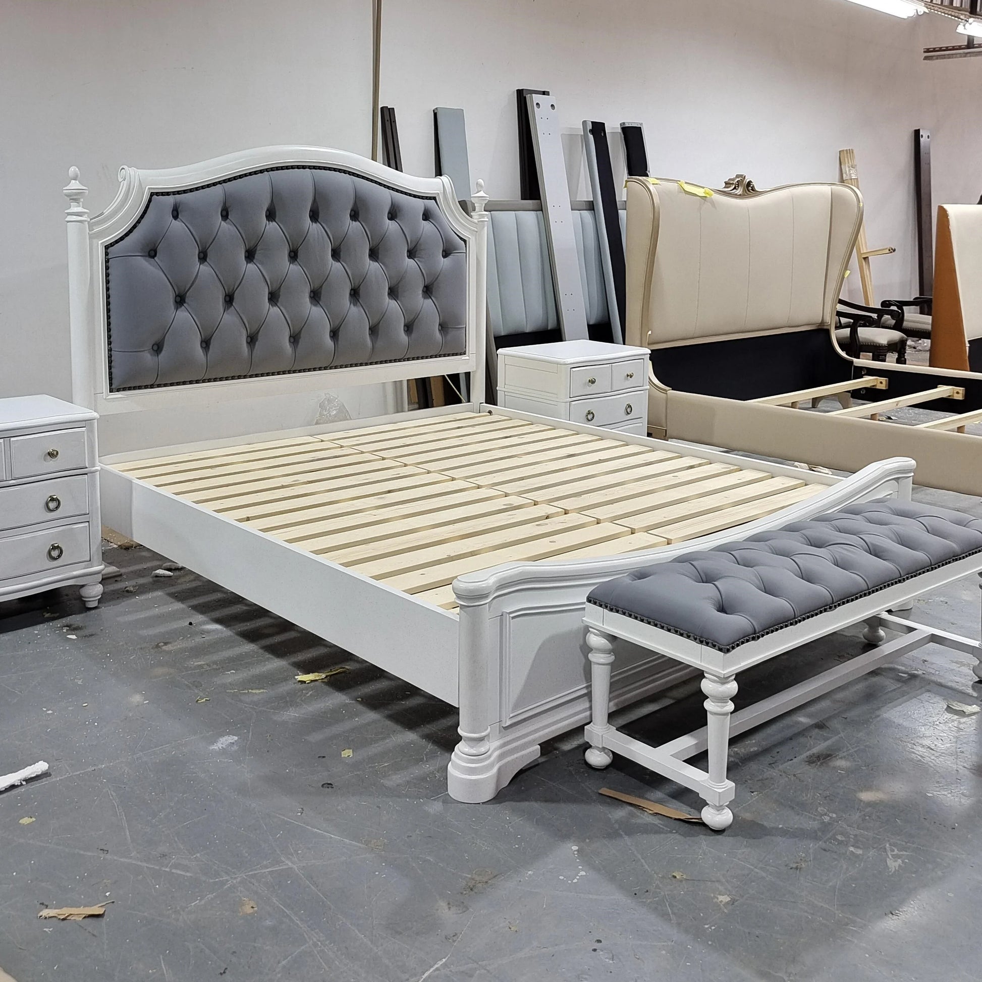 Tufted Upholstered Bed Set – Custom Grey Fabric with Solid Birch Wood