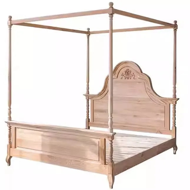 Four-Poster Bed – French Retro Natural Birch Wood Statement Piece | 259