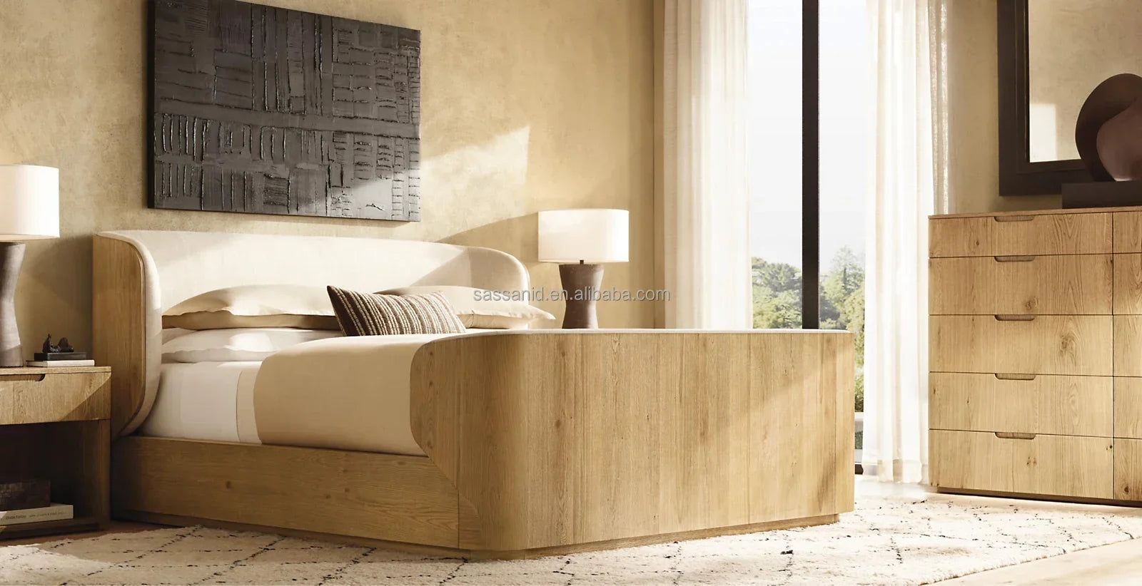 Shelter Bed with Upholstered Headboard – European-Inspired Oak Wood Statement Piece