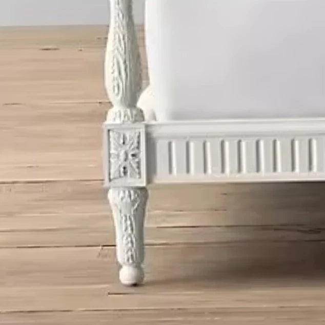French Light Luxury Solid Wood Children's Single Bed – Retro White Carved Design