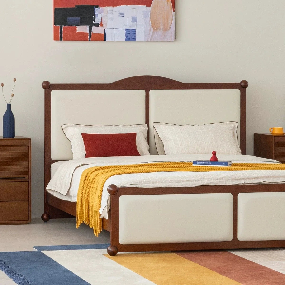 Mid-century Solid Wood Leather Bed – High Headboard Upholstered Platform Piece | 26-228