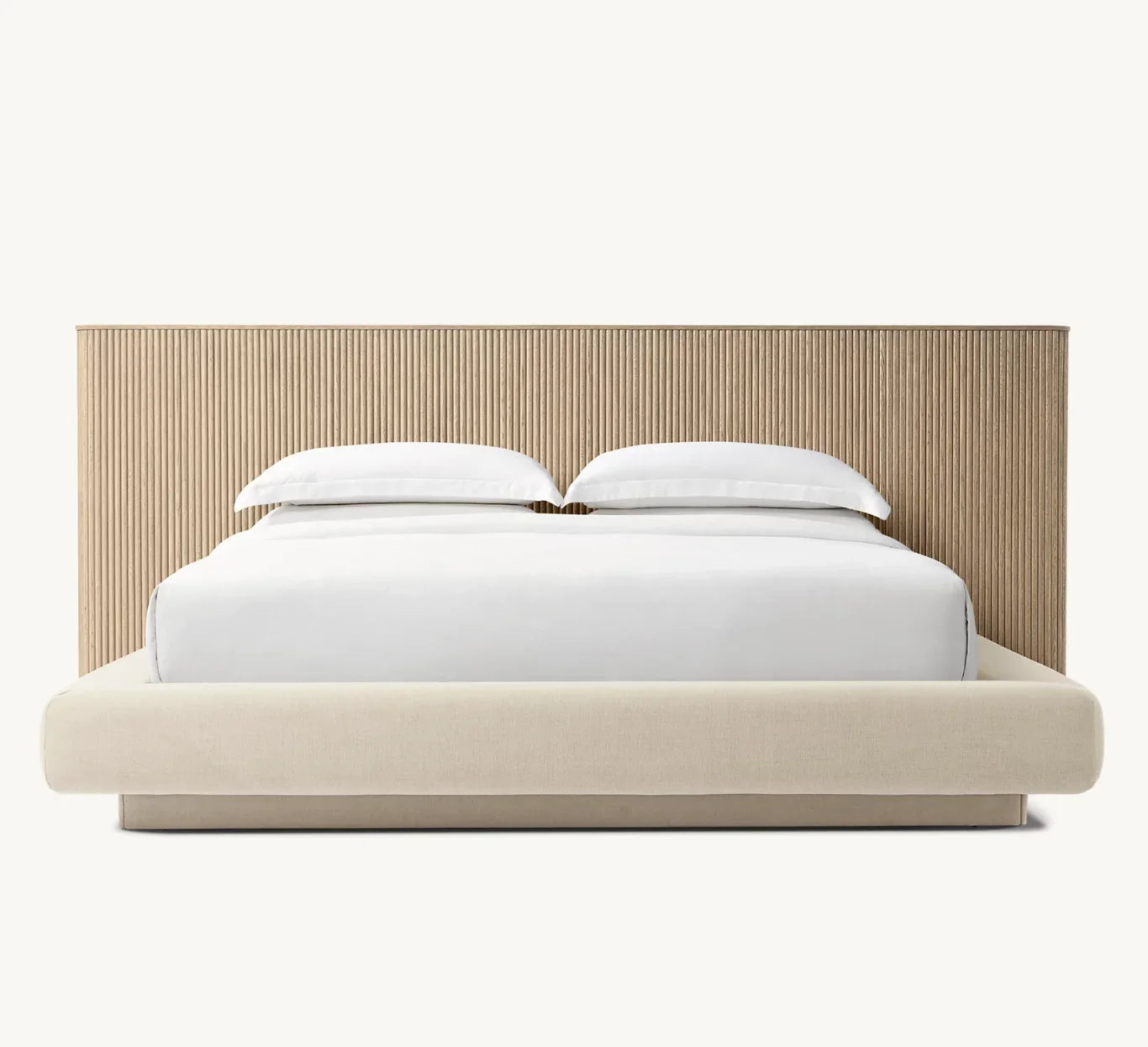 Extended Panel Bed – Sculptural Upholstered Headboard in Oak Frame
