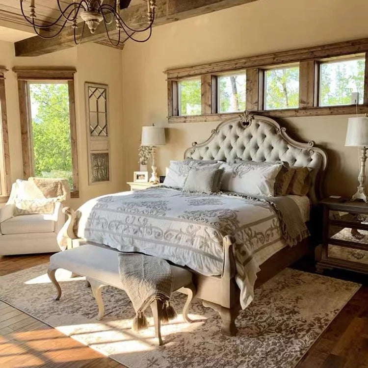 Solid Wood Bed – Hand-Carved Pine and Birch Frame – French Country Style
