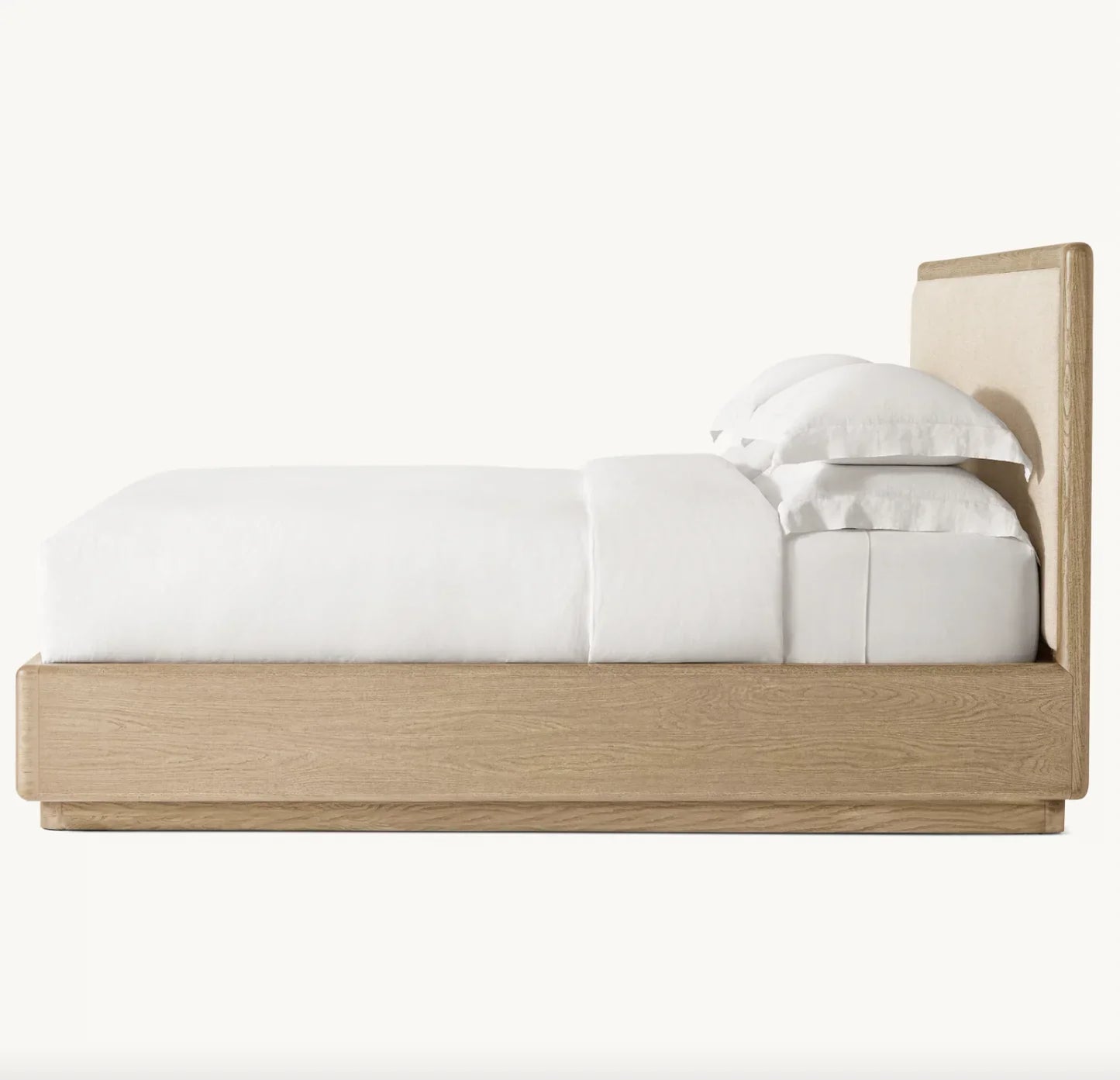 Dalia Fabric Panel Bed – Sculptural American White Oak Platform – Statement Piece