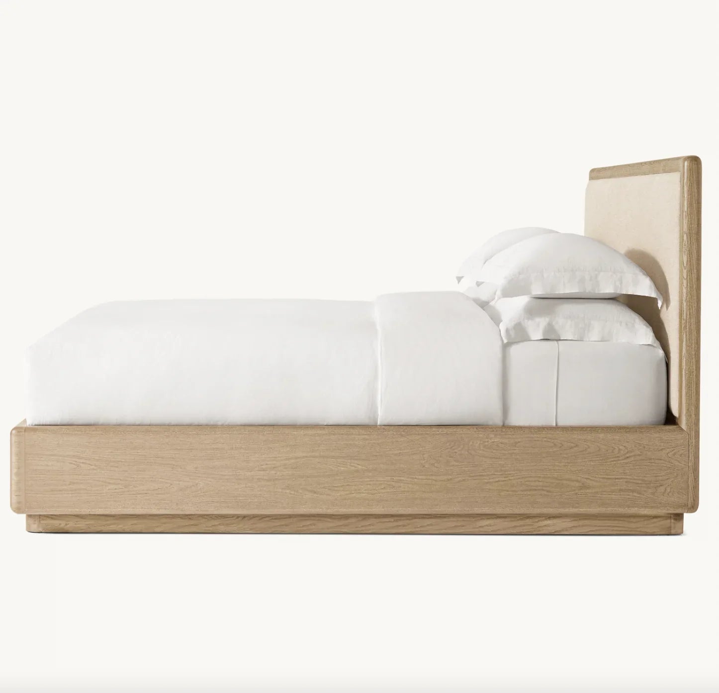 Dalia Fabric Panel Bed – Sculptural American White Oak Platform – Statement Piece