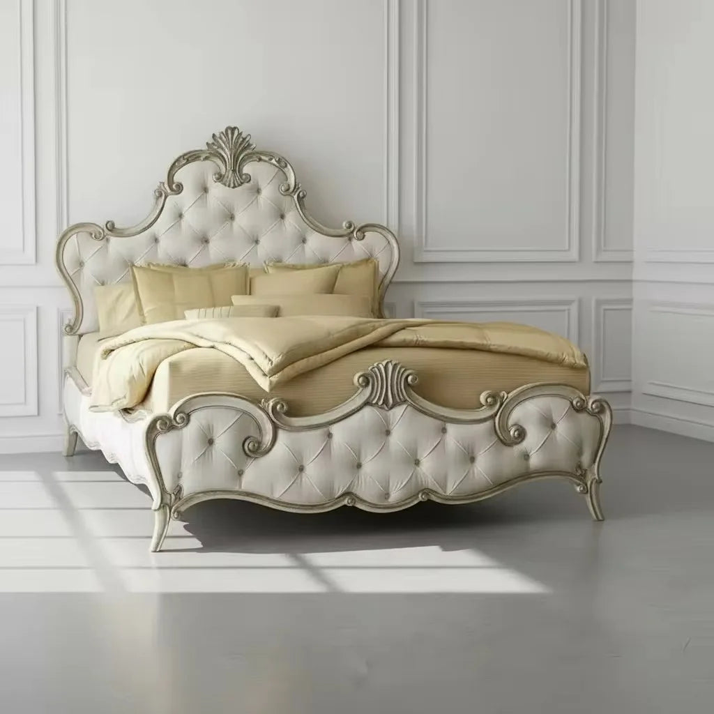 Solid Wood Bed, French Palace Carving – Birch Timber Statement Piece
