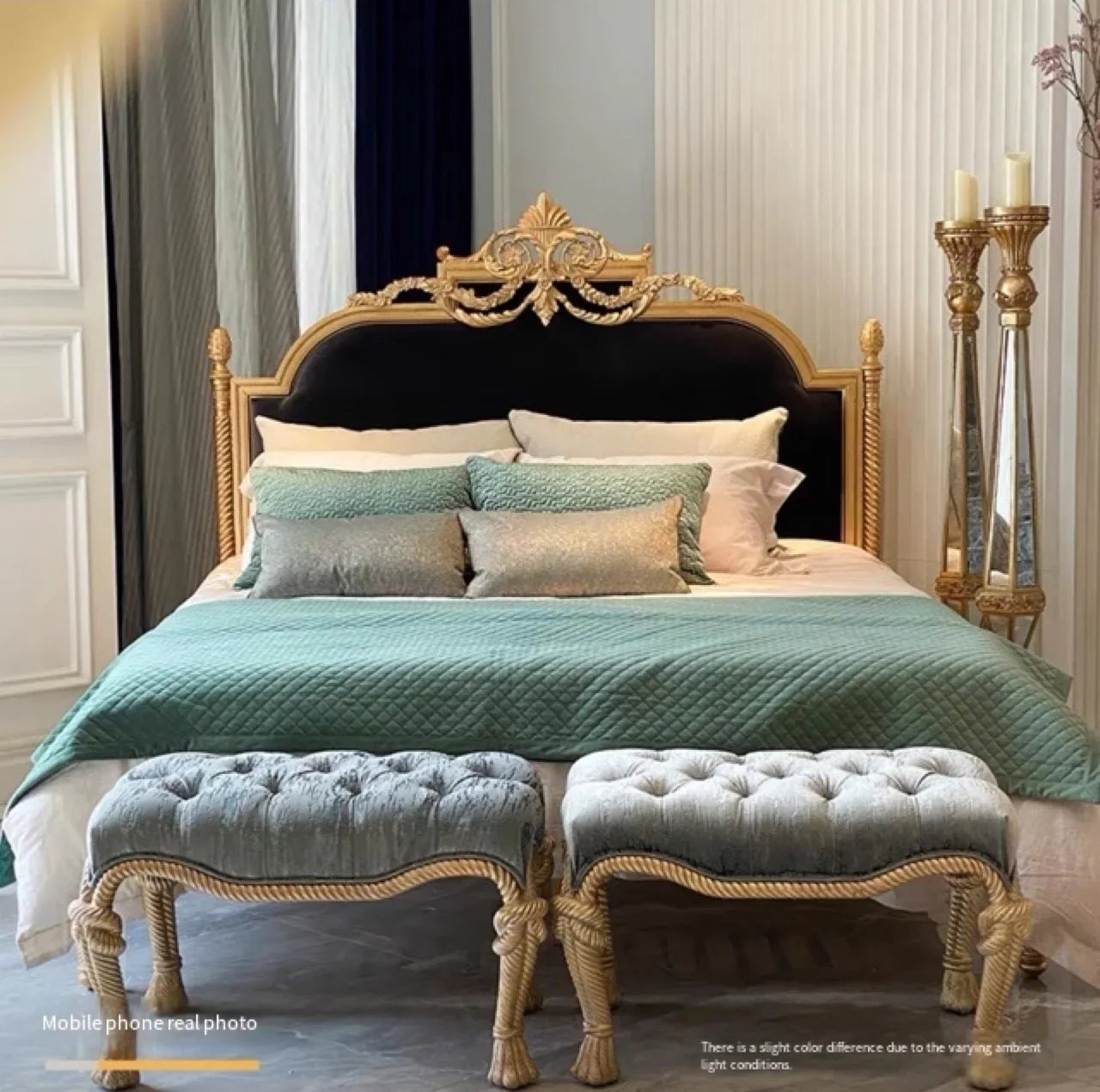 Upholstered Bed with Retro Carved Detail in Velvet – French Provincial Design