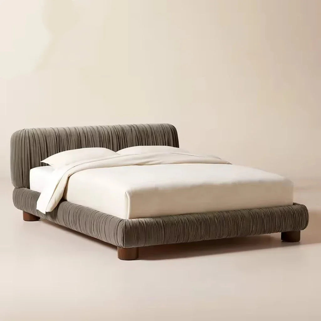 Upholstered Bed – Pleated Cream Velvet Minimalist French Vintage Style