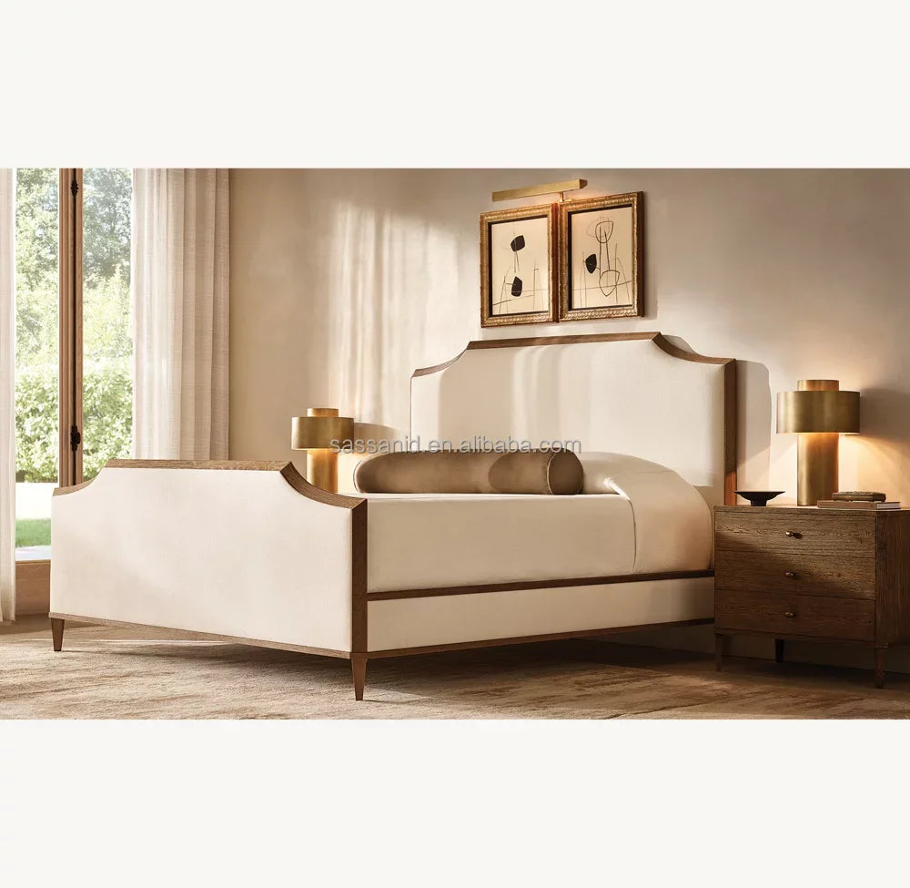 Delphine Upholstered Platform Bed by Re Home – Neoclassical Swedish Oak Piece