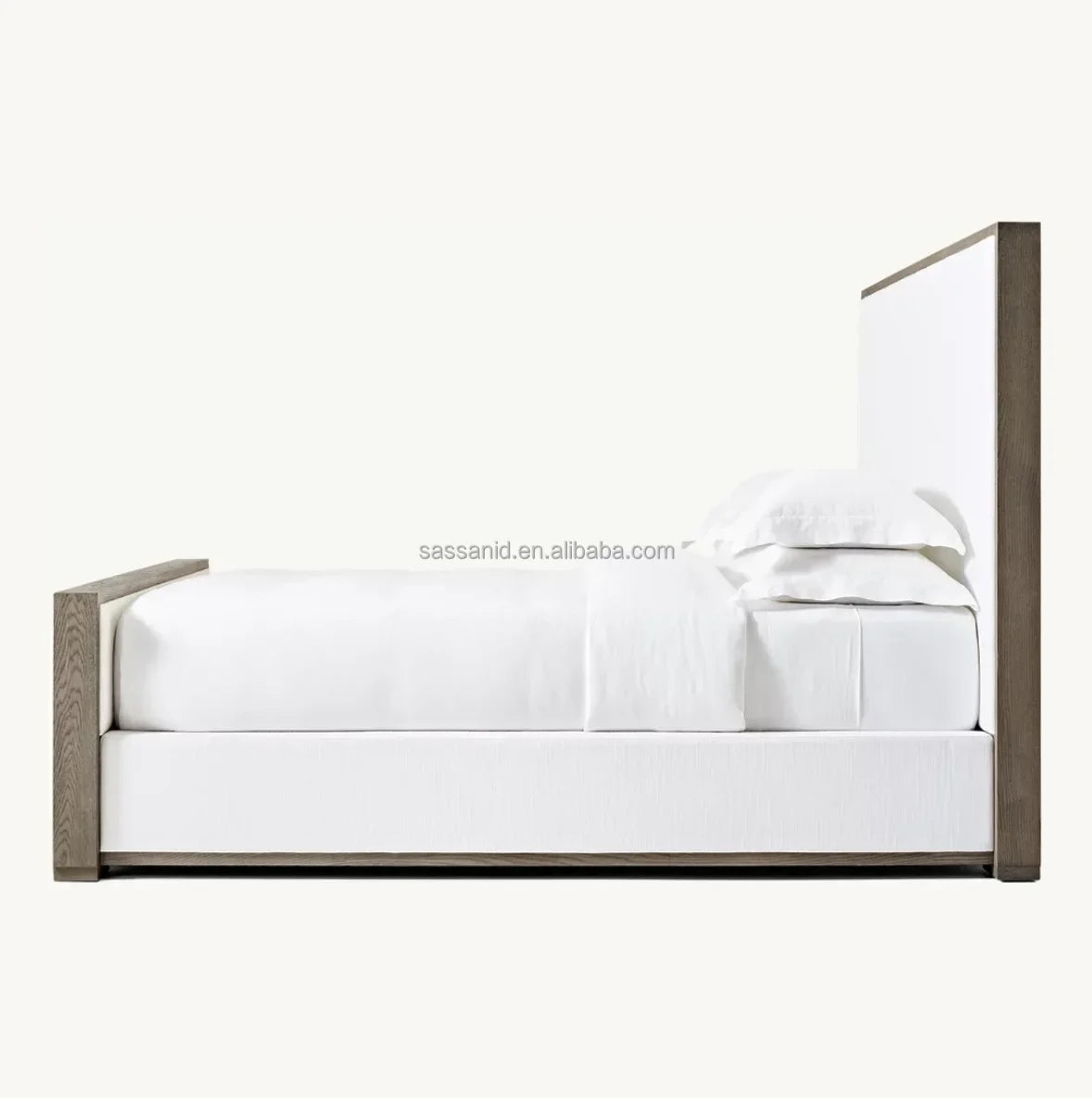 Modena Platform Bed – Tufted Fabric Framed Panel – Grey Oak European Luxury
