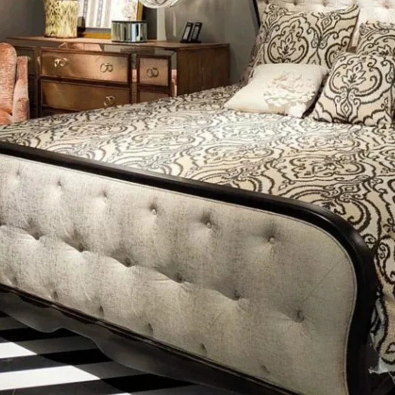 French Retro Solid Wood Double Bed – Antique Buckle Design