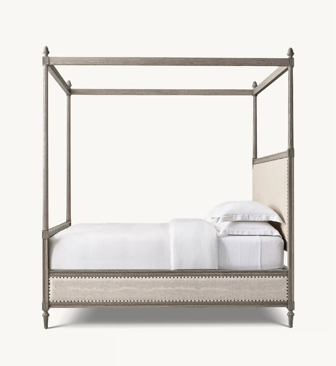 18th-Century French Canopy Bed – Antiqued Grey Oak Fabric Panel