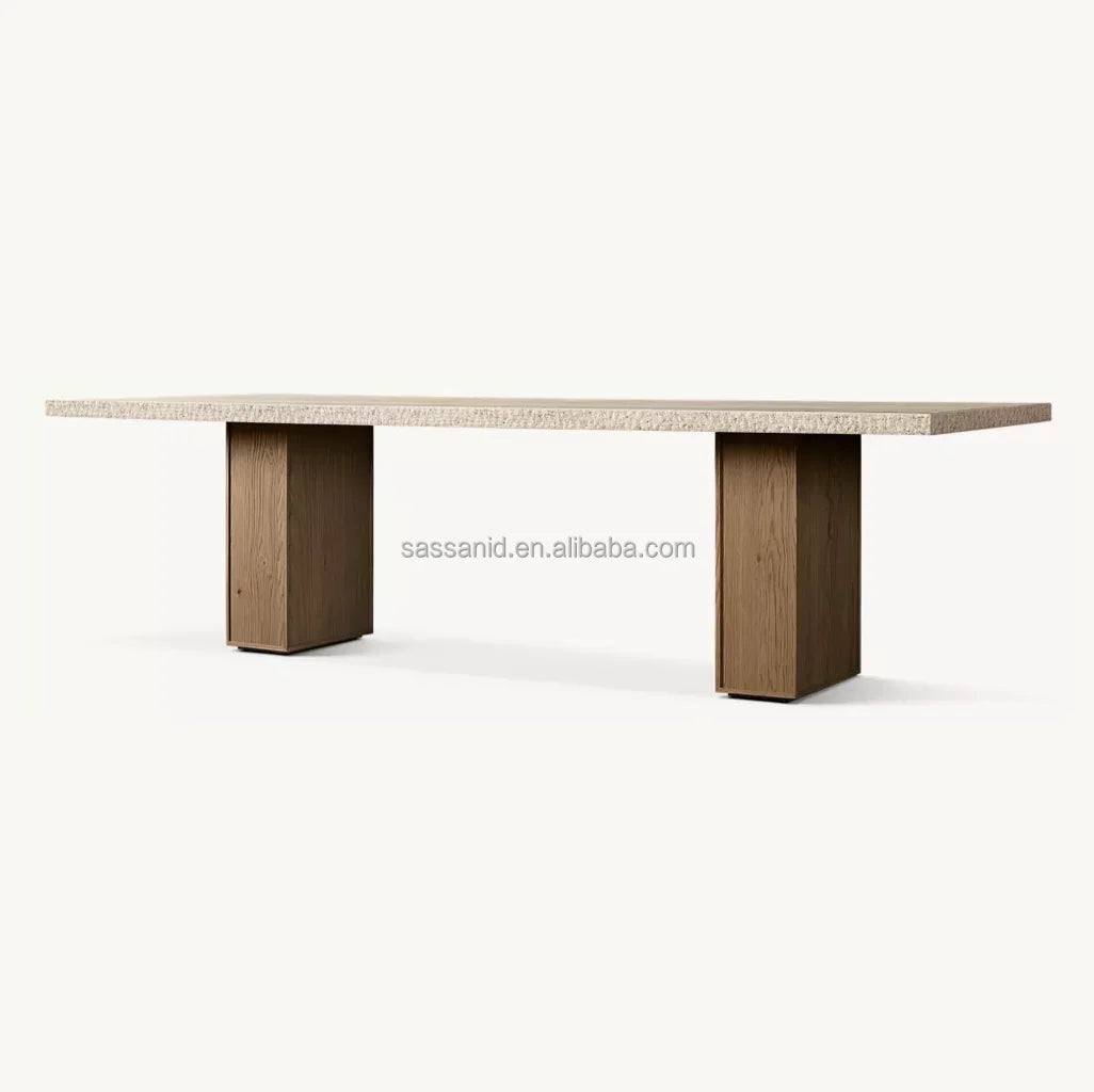 Travertine Top Dining Table – Stone & Wood – Minimalist | 1601660757910