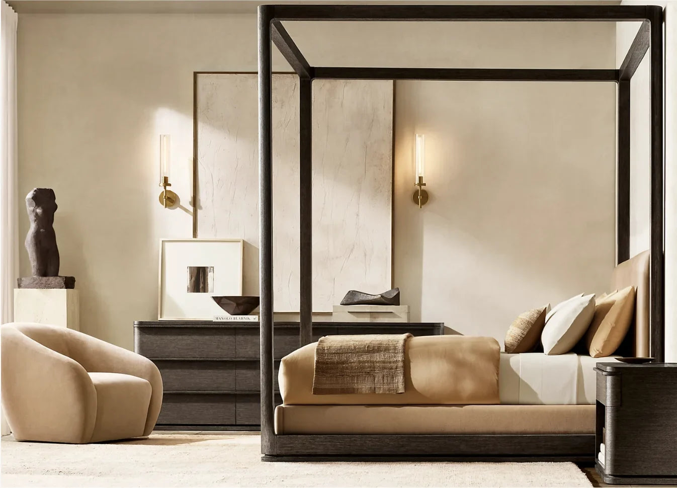 Contemporary Canopy Bed – Brushed Oak Sculptural Statement Piece